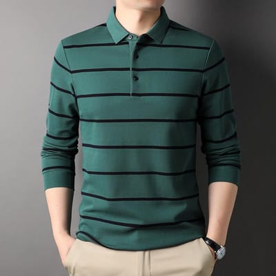 Herfst Nieuwe Herenmode Casual Revers Lange Mouw Poloshirt Heren Garengeverfd Gestreept Katoenen T-shirt XXXL gray