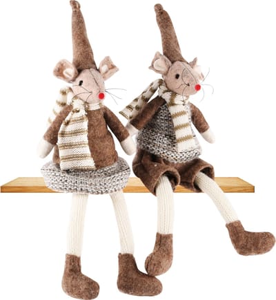 Dekoratief | Muisje zittend m/hangbenen, beige/bruin, stof, 5x5x21cm, set van 2 stuks | A245733