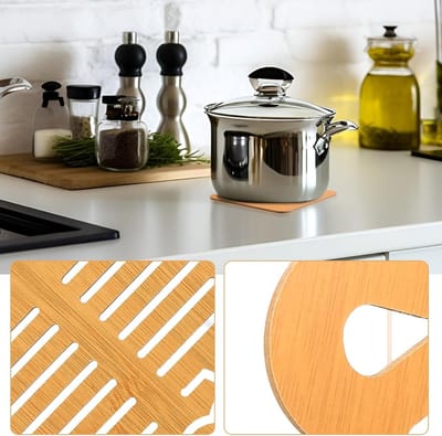Set van 8 Bamboe Onderzetters, Hittebestendige Houten Onderzetters, Antislip Onderzetters voor Pannen, Theepotten en Servies met Druipbak