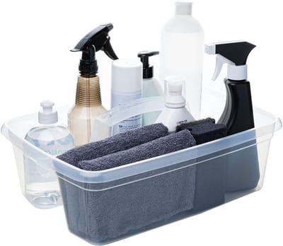 Famanu – Transparante schoonmaak organizer met handvat, 2 compartimenten voor schoonmaakproducten