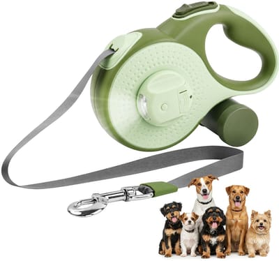 Rollijn voor honden, hondenriem flexibel, hondenriem, rollijn met poepzakhouder, 360° anti-klit, met ledlicht, poepzakhouder, voor honden tot 35 kg