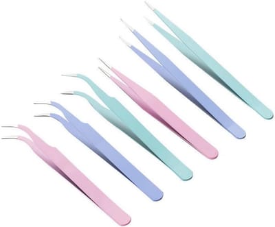 6-delige set pincetten voor wimperverlenging - Gebogen en rechte roestvrijstalen pincetten