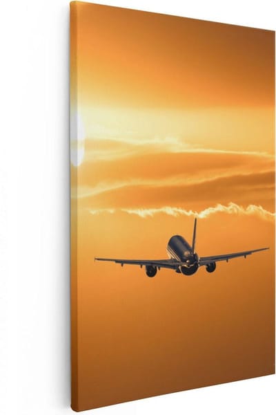 Artaza Canvas Schilderij Zonsondergang - 20x30 cm - Klein - Wanddecoratie Vliegtuig - Muurdecoratie Zon - Kamer Accessoires