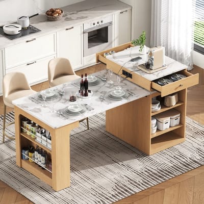 KOMHTOM - Keukeneiland - Met wieltjes - Uitschuifbare eettafel - Afneembaar tafelblad - Bartafel met stekkerdozen - Geschikt als keukeneiland, dressoir of bartafel - Voor keuken en eetkamer - Natuur