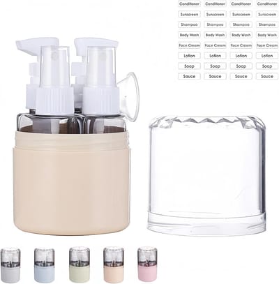 VHV - Reisflestjes - Reisdispenser - 4-in-1 Reisflestjes - Navulbaar - Lekvrij - Voor in het vliegtuig en op reis - Toiletartikelen set - Beige