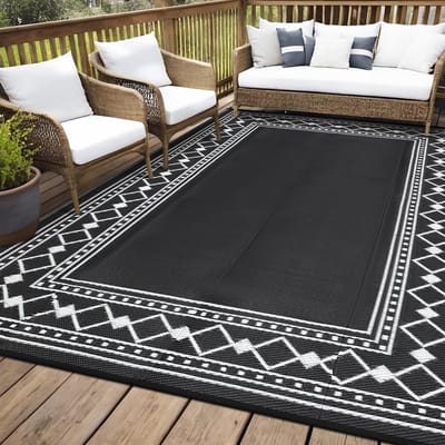 Groot waterdicht plastic strotapijt voor buiten, omkeerbaar modern geometrisch buitentapijt voor terras, gemakkelijk te reinigen RV campingmat, buitentapijt voor zwembad, achtertuin, zwart