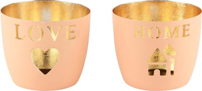 Dekoratief | Theelichthouder 'Home/Love', roze, aluminium, 10x10x9cm, set van 2 stuks | A248477