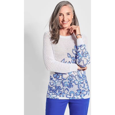 Ajour pullover met print - wit / gedess. - Gr. 38 van Goldner Fashion