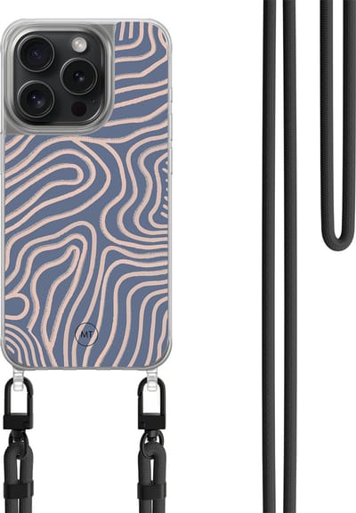 Hoesje met koord geschikt voor iPhone 14 Pro - Flowing lines - Inclusief zwart koord - Crossbody beschermhoes - Transparant, Paars - Mooie Telefoonhoesjes
