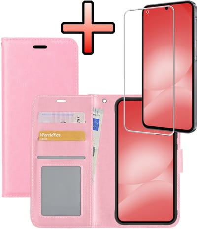 Hoesje - Met Screenprotector - Geschikt voor Samsung Galaxy A56 - Luxe Pasjeshouder - Bookcase Portemonee - Flip Case - Kunstleer Book Case - Flipcase - Book Cover - Walletcase - Portemonneehoes - Lichtroze