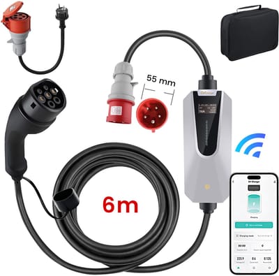 JUNSUN Draagbare 3.68/11kW 16A 1/3-Fase EV Laadkabel - Type 2 Laadpaal met App/WiFi Bediening, 6M Kabel + LCD Scherm & Opbergtas - 6A/8A/10A/13A/16A Schakelbaar - IEC62196-2 & IP65