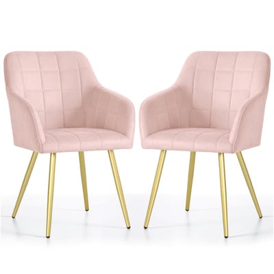 Set van 2 Eetkamerstoelen LUXANO met Armleuningen / Gestoffeerde Stoelen / Fluwelen Stoelen en Metalen Poten / Poederroze met gouden benen