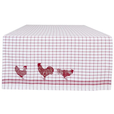 Clayre & Eef - Tafelloper - Landelijk - geruit - Kippen & Hanen - Country Side Chicken - Rood - 50 x 140 cm