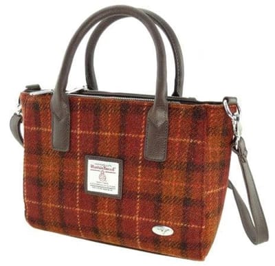 Handtas Brora Bruin met Oranje - Ritssluiting - Draagband - Harris Tweed - Glen Appin of Scotland