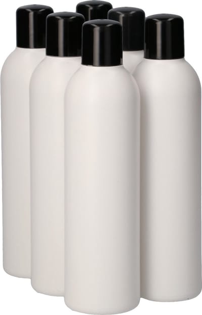 6 x 250 ml ronde fles HDPE wit + schroefdop zwart- BPA Vrij - Niet Breekbaar - Plastic Flesjes Navulbaar - Met Dop - Lege Flessen - 6 stuks