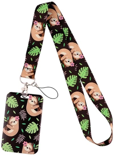 Travel Cords - keycord met pashouder Luiaard Zwart - uitschuifbaar - eenzijdig transparant venster - lanyard - passen, sleutels en telefoon - bloemen - met telefooncord - hardcase