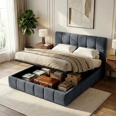 CLP Bed met opbergruimte gestoffeerd Ladia - bedframe voor matrassen - lattenbodem met liftmechanisme - tweepersoonsbed met stoffen be donkergrijs