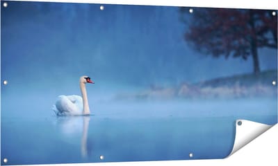 Gards Tuinposter Zwaan op het Water tussen de Mist - 140x70 cm - Tuindoek - Tuindecoratie - Wanddecoratie buiten - Tuinschilderij