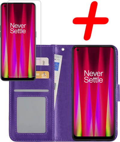 Hoesje Met Screenprotector - Geschikt voor OnePlus Nord CE 2 - Luxe Pasjeshouder - Bookcase Portemonee - Flip Case - Kunstleer Book Case - Flipcase - Book Cover - Walletcase - Portemonneehoes - Paars