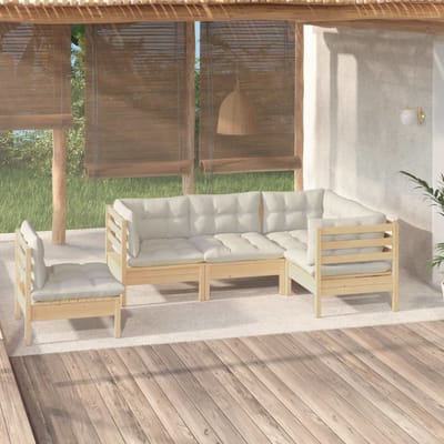 vidaXL - 5-delige - Loungeset - met - crèmekleurige - kussens - grenenhout