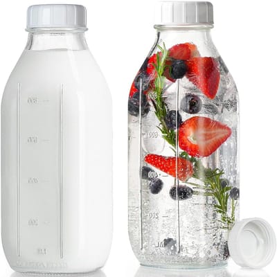 Set van 2 Glazen Flessen met Deksel van 1 L, Ideaal voor Smoothies, Sap, en Opslag van Voeding zoals Yoghurt en Salades
