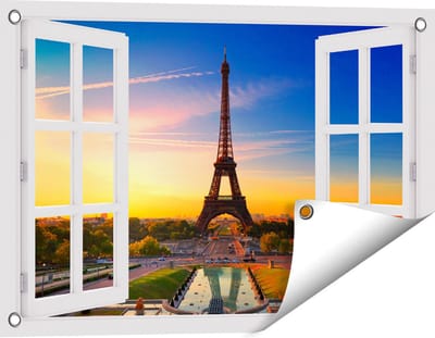 Gards Tuinposter Doorkijk Parijs Eiffeltoren tijdens de Zonsopkomst - 60x40 cm - Tuindoek - Tuindecoratie - Wanddecoratie buiten - Tuinschilderij