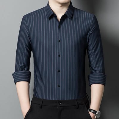 Chemise rayée sans repassage pour homme, nouveau style printemps-automne, manches longues, fine, soie glacée, nylon, sans coutures 4XL black