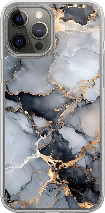 Hybride hoesje geschikt voor iPhone 12- Marble mist - Extra bescherming - Luxe beschermhoes - TPU case - Transparant, Grijs, Goud - Mooie Telefoonhoesjes