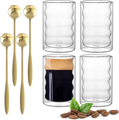 Set van 4 Dubbelwandige Latte Macchiato Glazen van 350 ml - Ideaal voor Cappuccino, Koffie en Thee met Roze Lepels