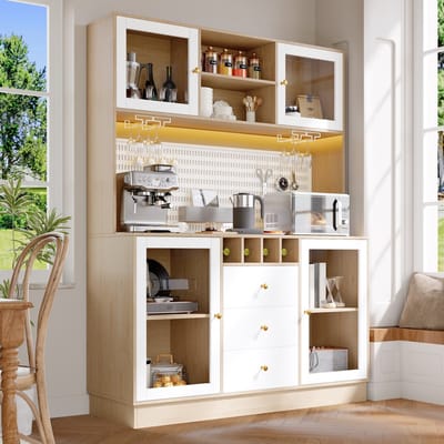 DESMIU Hoge Kast - Met Slimme Ledverlichting En Wijnglasrek - Voor Keuken Woonkamer En Eethoek - MDF En Glas - 140x40x185,7 Cm - Wit