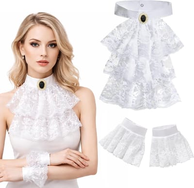 Victoriaanse Kanten Jabot met 2 Manchetten voor Gothic Steampunk Vampier Kostuum, Perfect voor Carnaval, Halloween en Cosplay Feesten