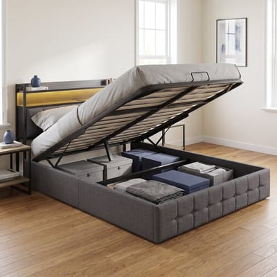 Gestoffeerd Tweepersoonsbed - Opbergbed 160x200 cm met lattenbodem - met LED en USB hoofdbord - Linnen - Modern - Grijs