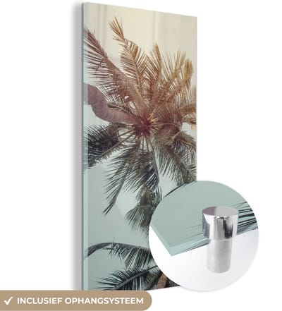 MuchoWow® Glasschilderij 20x40 cm - Schilderij acrylglas - Palmboom - Zomer - Tropisch - Foto op glas - Schilderijen