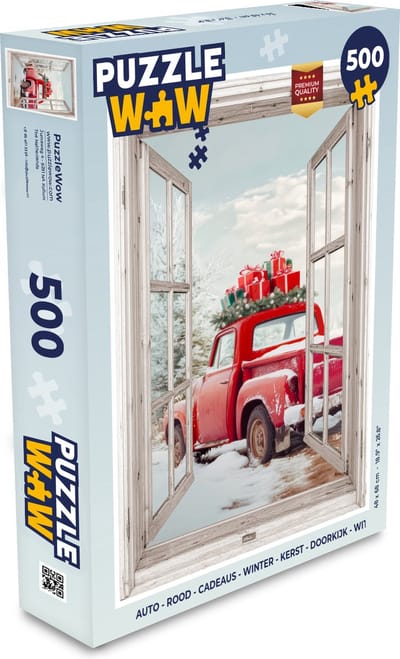 Puzzel Auto - Rood - Cadeaus - Winter - Kerst - Doorkijk - Wit - Legpuzzel - Puzzel 500 stukjes - Kerst - Cadeau - Kerstcadeau voor mannen, vrouwen en kinderen