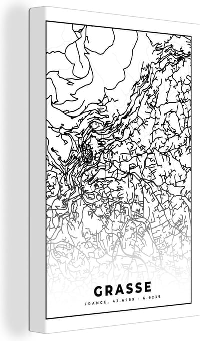 Canvas Schilderij Frankrijk - Plattegrond - Grasse - Stadskaart - Kaart - Zwart wit - 20x30 cm - Wanddecoratie