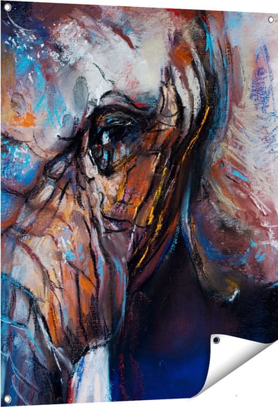Gards Tuinposter Getekende Olifant van Dichtbij - Abstract - 80x100 cm - Tuindoek - Tuindecoratie - Wanddecoratie buiten - Tuinschilderij