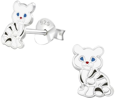 Joy|S - Zilveren tijger kat oorbellen - 5 x 9 mm - zwart wit - kinderoorbellen