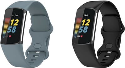 Strap-it Bundel van 2 Siliconen Bandjes - Geschikt voor Fitbit Charge 5 Maat: L - Zwart & Grijsblauw - Sportbandje - Sportarmband - Siliconen Band - Waterbestendig & zweetbestendig