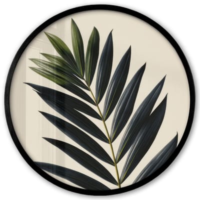 Poster in lijst Rond - Fotolijst 40x40 cm - Posters - Palmblad - Donkere bladen - Subtiel - Ronde posterlijst zwart - Decoratie - Wanddecoratie woonkamer - Muurdecoratie slaapkamer