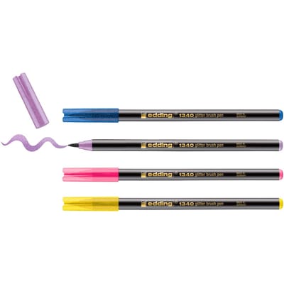 edding 1340 glitterstiften met flexibele punt - veelkleurig - zonder micro-plastics - 4 glitter brush pennen met intensief glittereffect - penseelpunt 1-6 mm - ideaal voor handletteren, schrijven, tekenen en inkleuren van grote oppervlakken