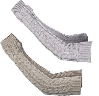Lange Vingerloze Armwarmers – Gebreide Armwarmers met Duimgat – Open Vinger Handschoenen – Winter Armwarmers – Pols & Onderarm Warmhouders – Unisex Dames & Heren – 2 Sets – Lichtgrijs en wit