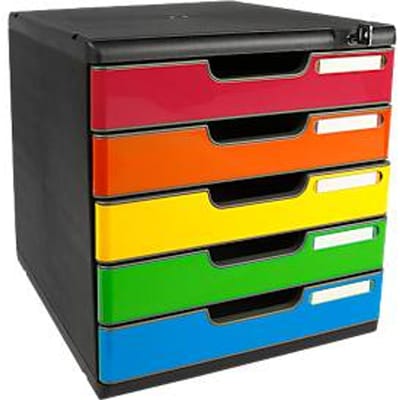 Ladebox MODULO, formaat A4+, 5 afsluitbare lades, gesloten, verzonken greep & etikethouder, 2 sleutels, Blue Angel, kunststof, harlekijn