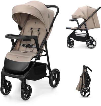 Kinderkraft TRIG 3 TRAY – CLICK & FOLD: inklappen met één hand – Ruime zitting met verstelbare rugleuning – Tot 25 kg – Beige