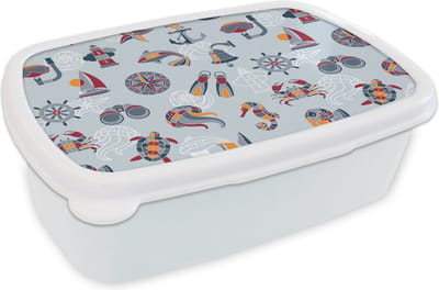 Broodtrommel Wit - Lunchbox - Brooddoos - Zee - Dieren - Patronen - Kinderen - Marine - 18x12x6 cm - Volwassenen