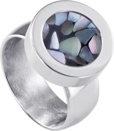 Quiges RVS Schroefsysteem Ring Zilverkleurig Glans 16mm met Verwisselbare Grijze Vlokjes Schelp 12mm Mini Munt