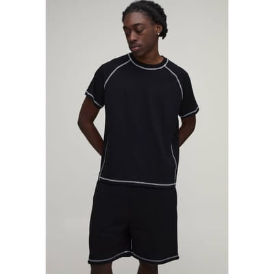Contrast Stitch Regular Fit Boxy T-Shirt & Regular Fit Short Set | Black | Size XS