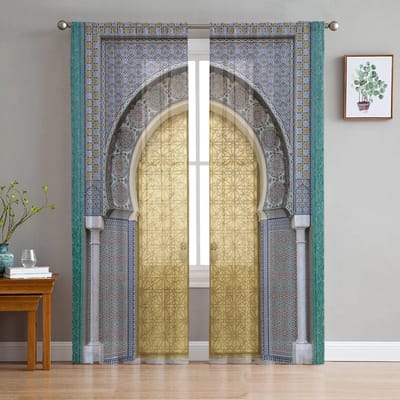 Gele poort opengewerkte kanten pijler snijwerk pure gordijnen woonkamer raam Tule gordijnen slaapkamer sluier gordijnen luxe gordijnen W135 x H114cm