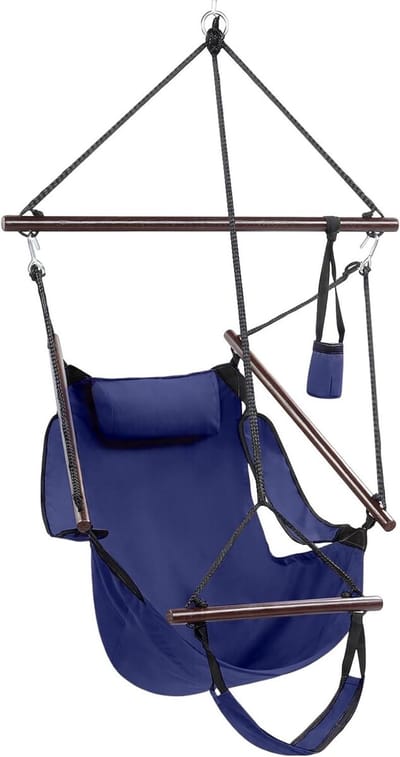 ONCLOUD Sky Chair Luxury Hammock Air Chair Rocking Chair with Cushion Drink Holder Solid Wood Weatherproof for Indoor/Outdoor Garden Tree Patio Porch 250lbs (Navy Blue)