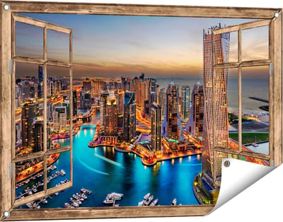 Gards Tuinposter Doorkijk Dubai Haven met de Stad - 90x60 cm - Tuindoek - Tuindecoratie - Wanddecoratie buiten - Tuinschilderij