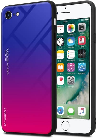 Cadorabo Hoesje geschikt voor Apple iPhone 7 / 7S / 8 / SE 2020 in PAARS - ROOD - Tweekleurige beschermhoes van TPU-silicone Case Cover en achterzijde van gehard glas